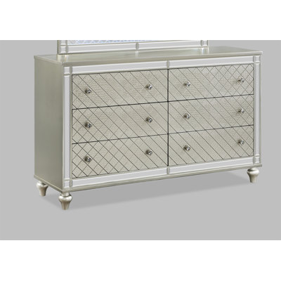 1Pc Glam 6-Drawer Bedroom Dresser Diamond Patterned Drawer Fronts Silver Finish