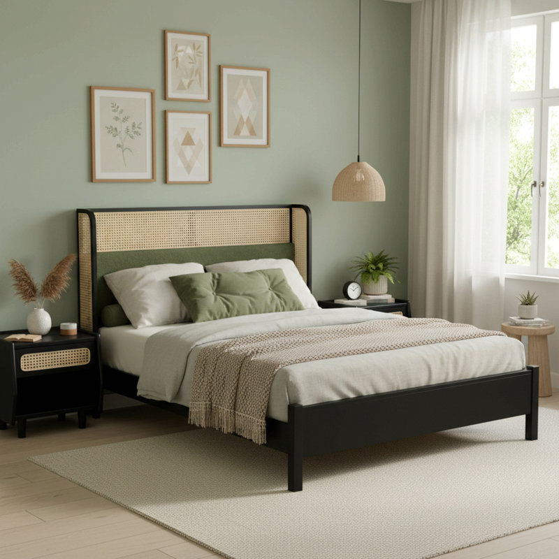 Cadre de lit Queen Size avec tête de lit, en bois massif, sans sommier, mobilier de chambre moderne, Noir