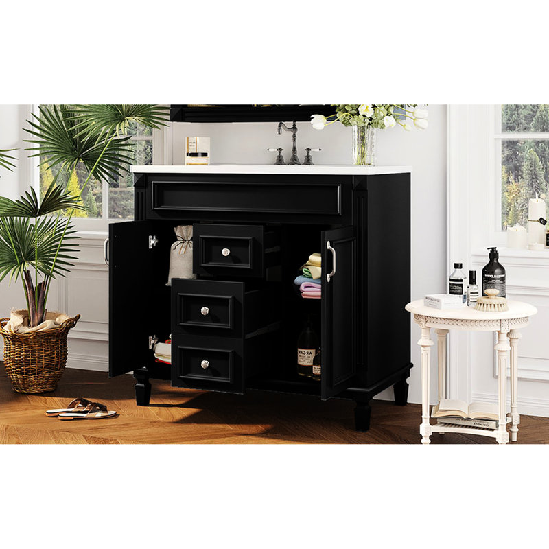 Bathroom Vanity 36'' With Sink. Modern, Functional & . 2 Soft Closing Doors, Drawers. Black Ceramic Basin, 36", Black