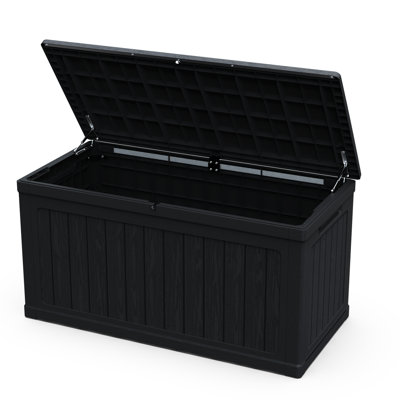 Xxl Deck Box Of 230 Gallon, Black Waterproof Resin Lockable, For Storing Sports/Pools Equipment And Outdoor Cushions, Double - Wall Design All Weather Protection, Easy Lift System, Suitable Indoor