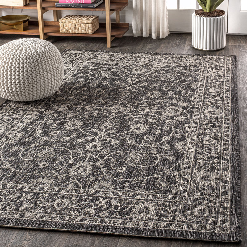Markwart Vine and Border Textured Weave Black/Gray Indoor/Outdoor Rug, Rectangle 3'1" x 5'