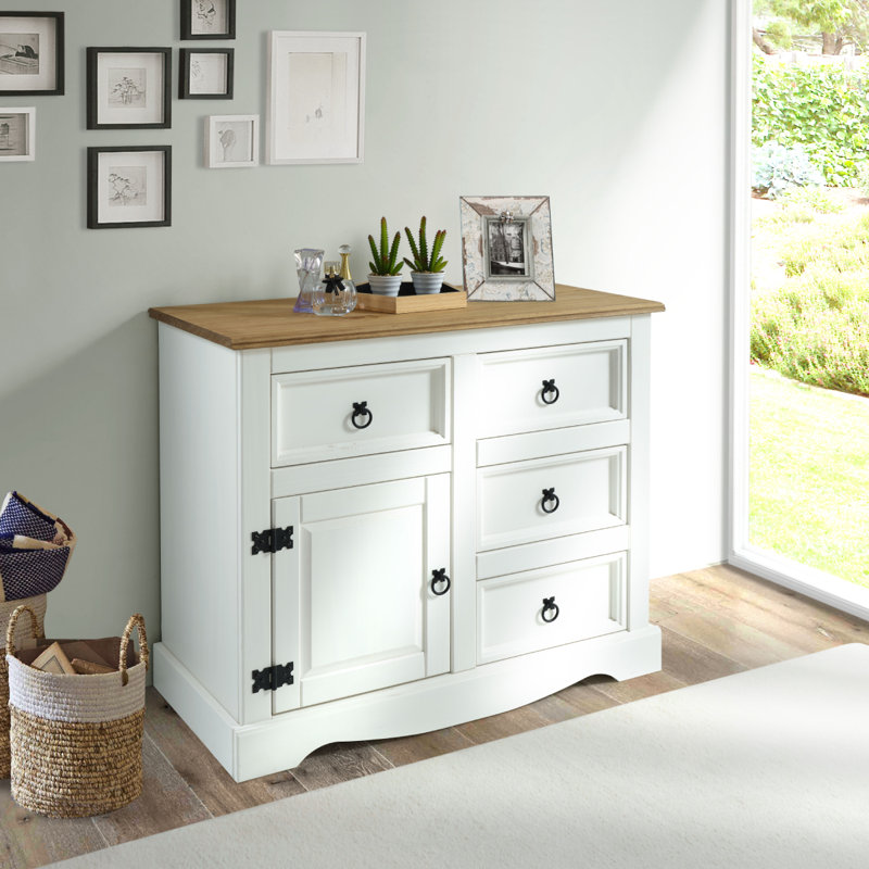 Buffet en bois massif Piumafua 34,02 po, Blanc délavé