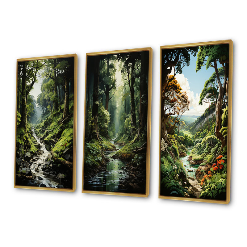 River Into Enchanted Woods - Ensemble de 4 décorations murales forêt, Cadre flottant doré, H 28 po x l 36 po