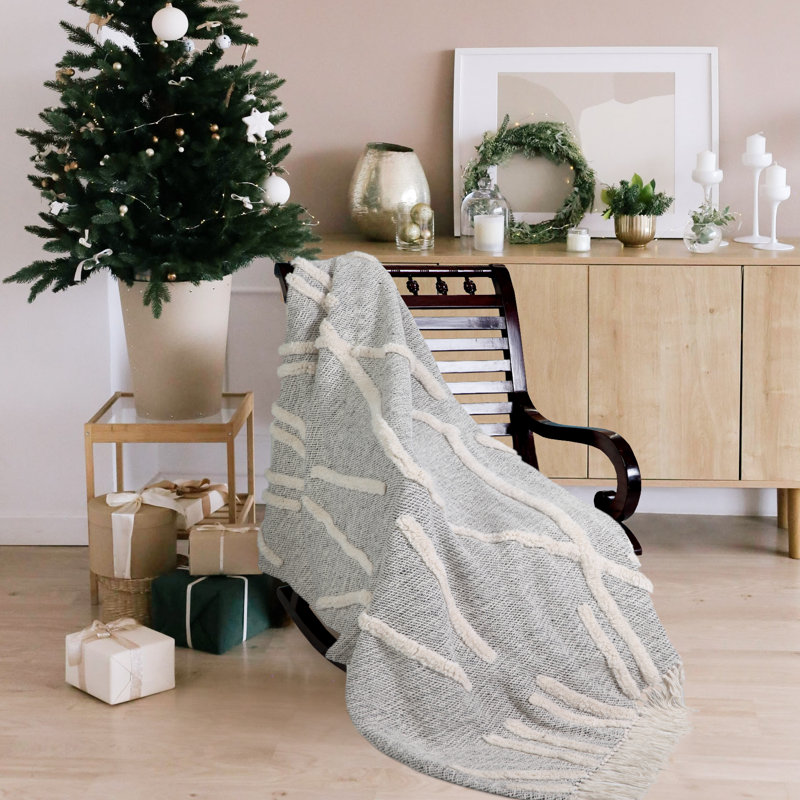 Gray & White 60" x 50" Cotton Knitted Reversible Throw Blanket