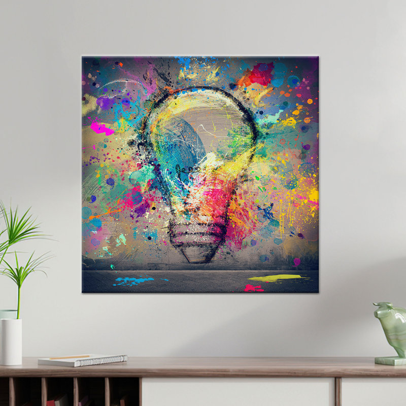Light Bulb Graffiti Art Print: Colourful Innovation Canvas Wall Decor,1P BlackFramedCanvas, H: 23.7 x W:23.7 inches