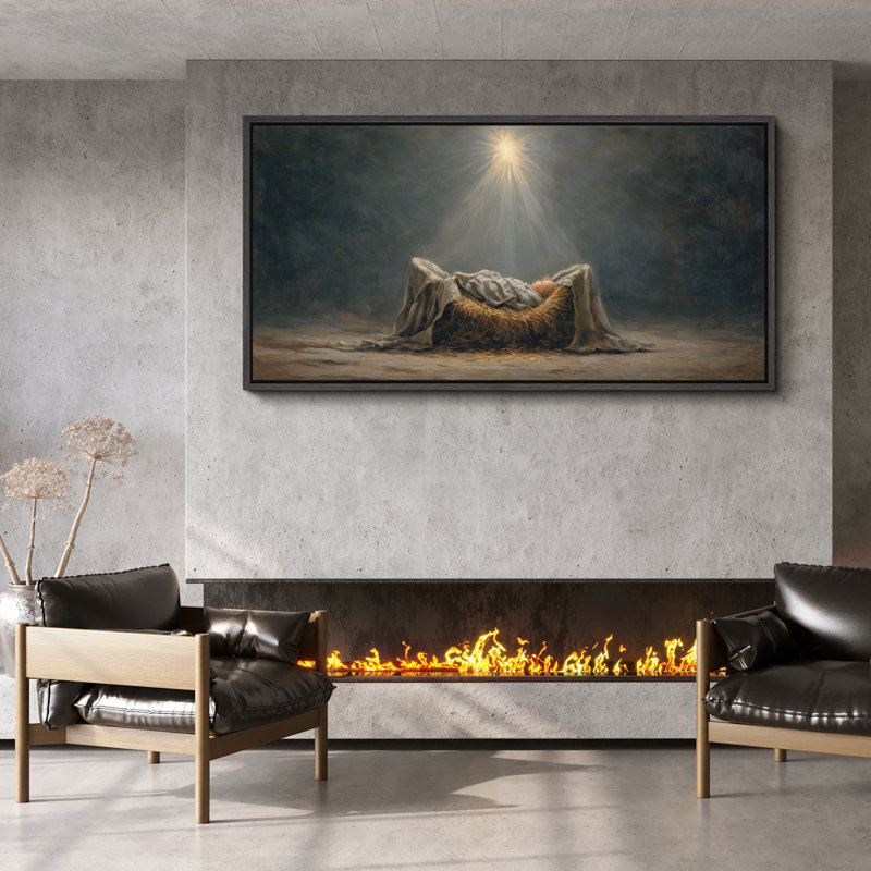 «Heavenly Natility Baby in Manger Under Guider Light», reproduction d'art sur toile encadrée, H 30 po x l 60 po, Noir