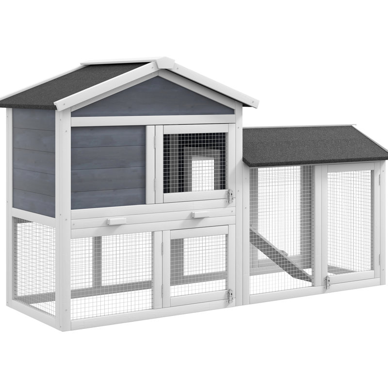 Cage en cochon d'Inde de 58 po avec toit en asphalte, aire de jeu, plateau amovible et portes verrouillables 58 po. Lapin. Rampe, plateau gris, cage et portes.
