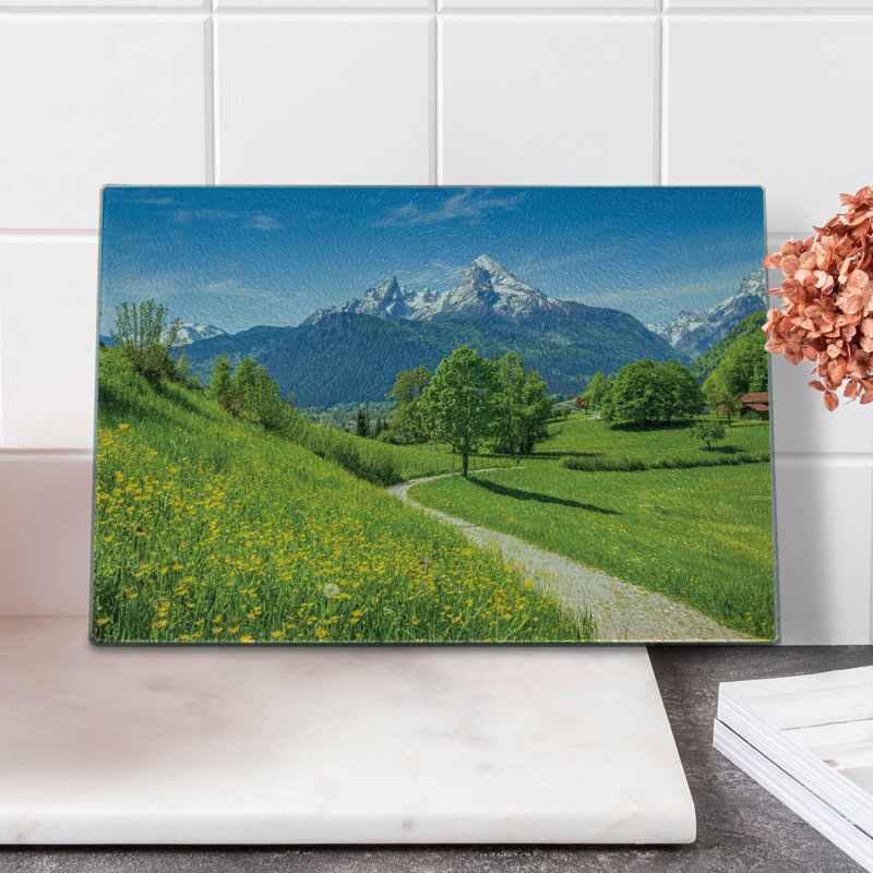 Ambesonne Mountain Tempered Glass Cutting Board Spring Scenery in Alps Multicolor