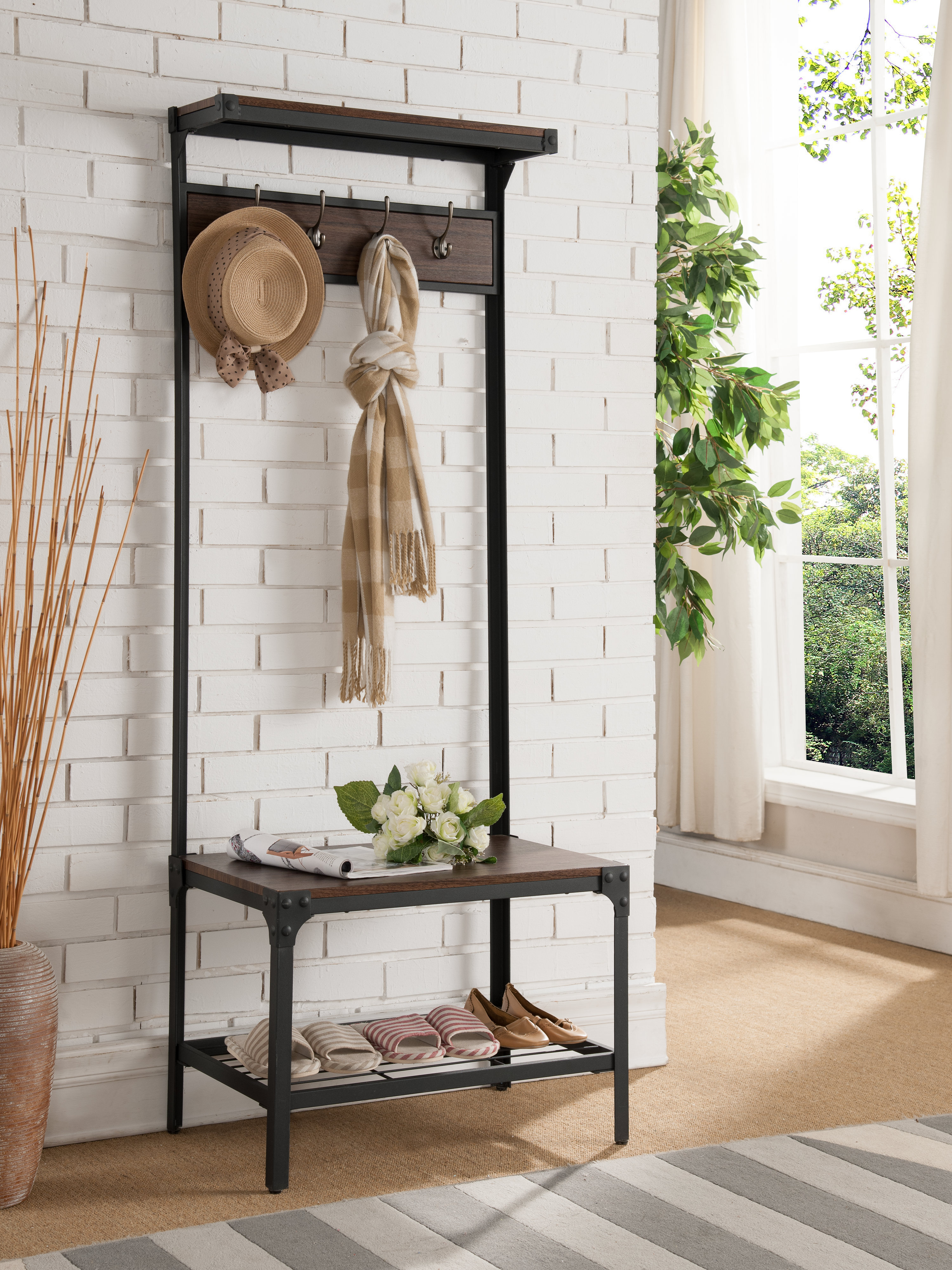 Gracie Oaks Fishel Hall Tree 26.5'' Wide with Bench and Shoe Storage