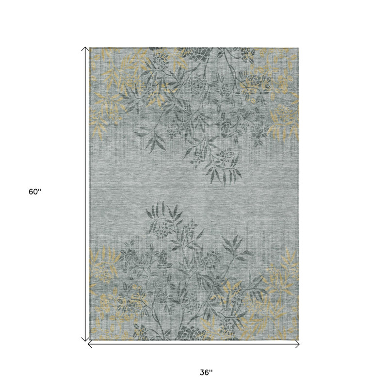 3' X 5' Gray Charcoal And Gold Floral Washable Indoor Outdoor Area Rug