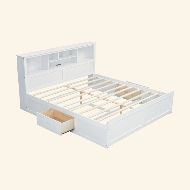 Lit plateforme très grand en bois avec tête de lit multi-rangement, USB et tiroirs, Blanc