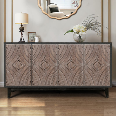 Mid Century Sideboard Buffet Cabinet With Solid Wood Legs 60" Kitchen Storage Cabinet Credenza With 4 Convex Pattern Diamond Doors And 2 Shelves Accent Console Table For Living Room  Entrance Hall Etc