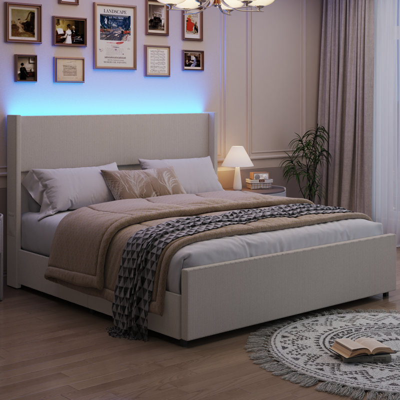 Corduroy Upholstered Platform Bed With Drawers, LED Light, Wingback Headboard, And Footboard, No Box Spring Needed, Queen
