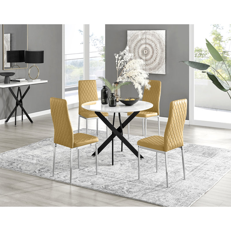 Tierra Modern Chrome Metal & Glass Round Dining Table Set with 4 Quilted Velvet Chairs, Grey/Black, Black