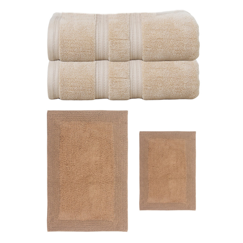 Ensemble de serviettes de bain 2 pièces et de tapis de bain 2 pièces Buariki, ensemble de 4, réversible, Lin