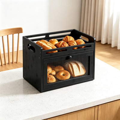 Boîte à pain en bambou pour comptoir de cuisine, grand récipient de rangement de pain de campagne avec tablette supérieure surélevée et fenêtre en acrylique, organisateur 2-en-1 pour le pain, les fruits, les collations et le garde-manger