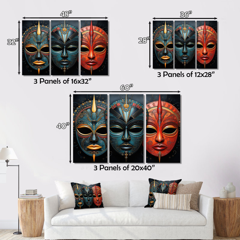 Masque africain rouge III sur toile, 3 pièces, H 32 po x l 48 po x P 1 po