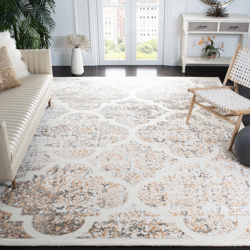Akims 600 Hand Tufted Wool/Viscose Geometric Rug in Beige/Ivory, Rectangle 6' x 9'