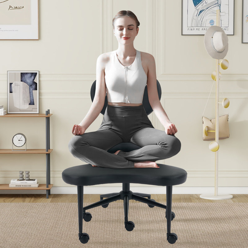 Chaise de bureau réglable à pieds croisés avec roulettes - Chaise de méditation et d'appoint avec support lombaire