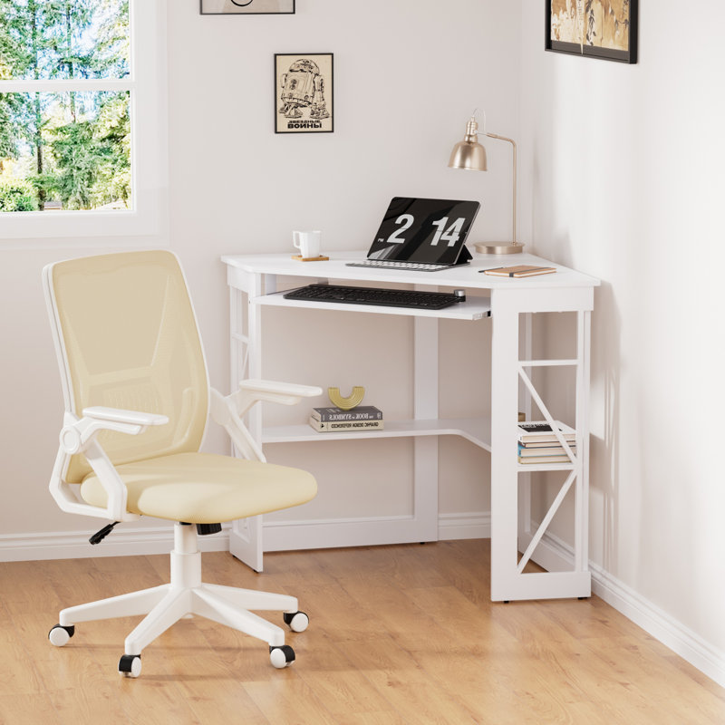 2-Piece Corner Computer Desk And Ergonomic Mesh Office Chair Set, L-Shaped Home Office Workstation With Storage Shelves And Adjustable Swivel Task Chair With Wheels, Space-Saving Study Writing Desk For Bedroom, Gaming, Small Office