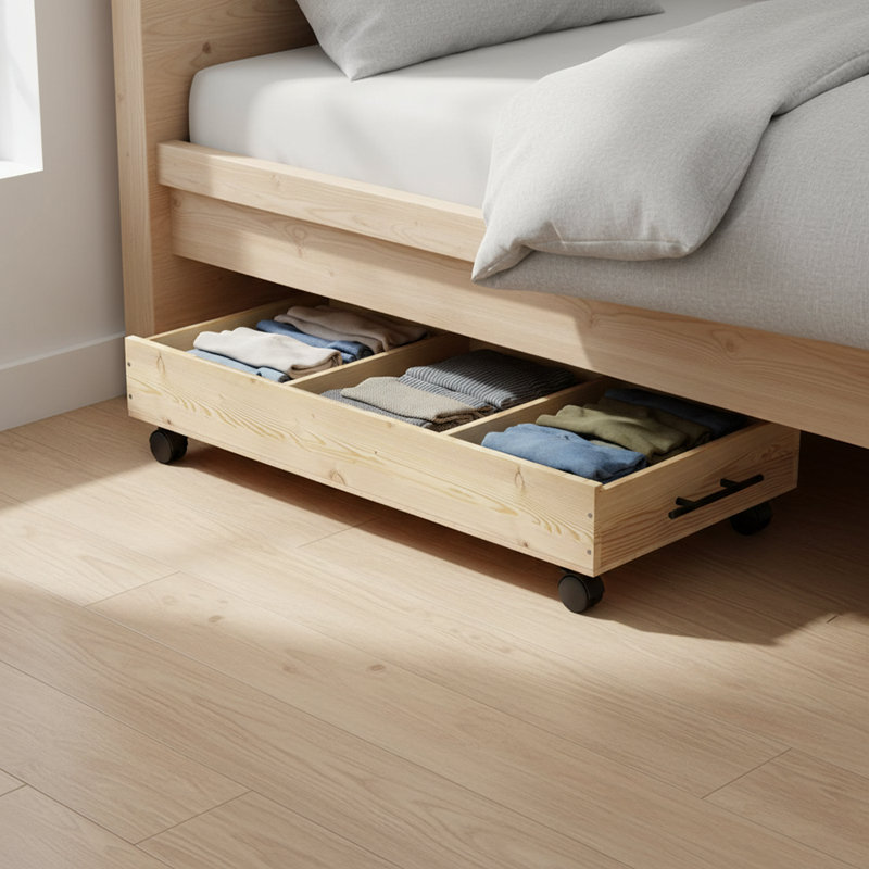 Underbed Storage Crate Drawer Wooden Storage Box with Wheels Home Furniture Unit