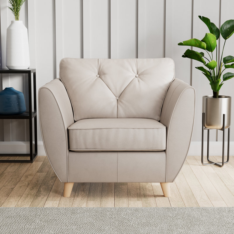 Marylin Upholstered Leather Armchair, Cloud Grey, Light Wood