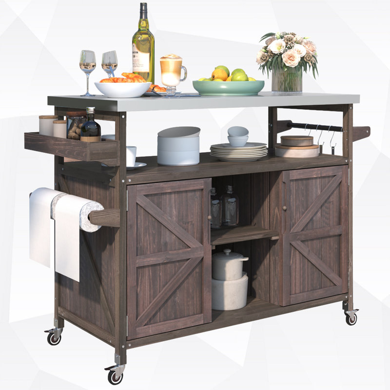 Îlot de cuisine extérieur avec plateau en acier inoxydable et 2 armoires de rangement, Brun