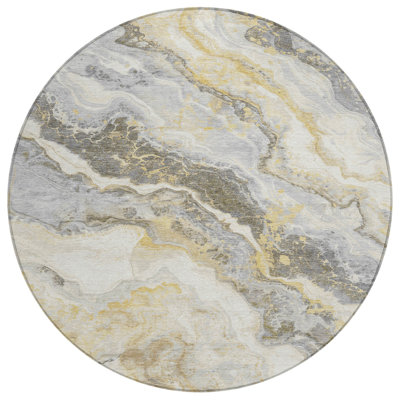 8' Gold And Silver Round Abstract Washable Indoor Outdoor Area Rug