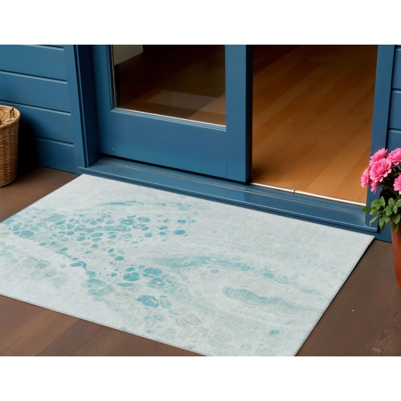 3' X 5' Teal Blue And Pale Aqua Abstract Washable Indoor Outdoor Area Rug