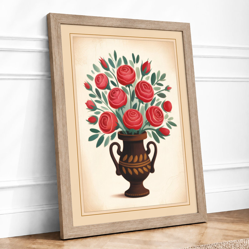 Crimson Roses in Urn Botanical - Framed Print, A4 - 29.7 x 21.0 cm, Oak