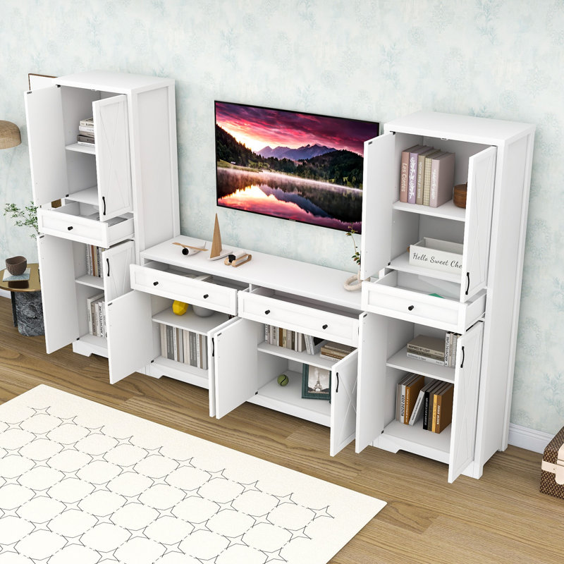 Ensemble de meuble télé avec deux buffets, un tiroir et des tablettes réglables, White