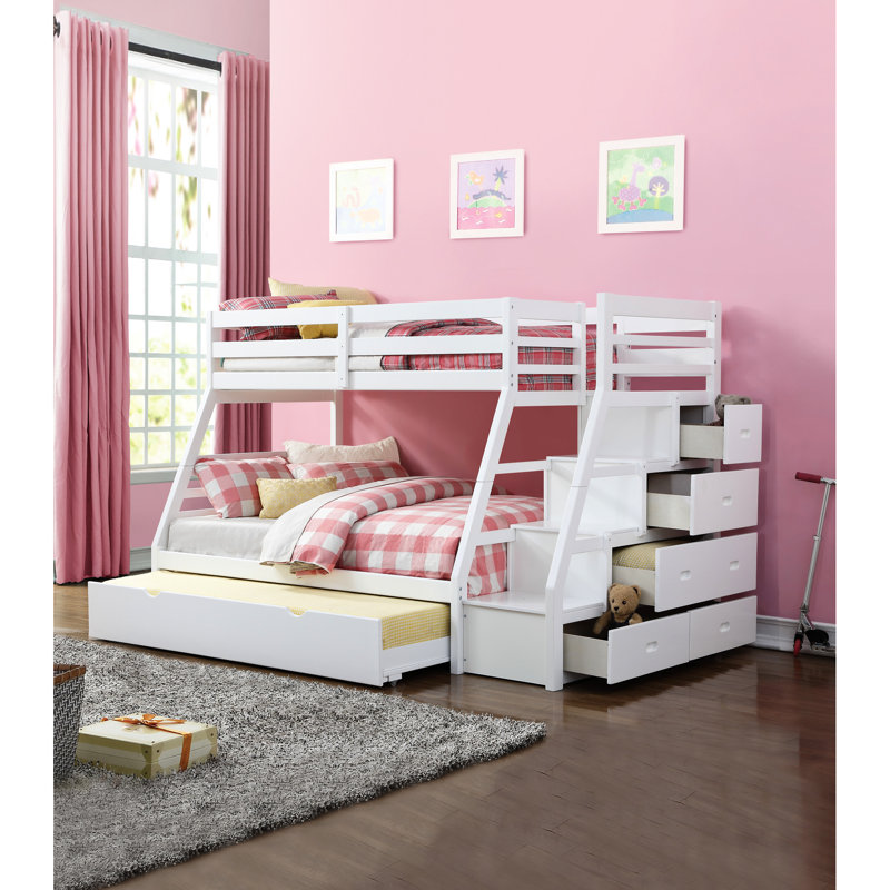 Lit superposé simple / double avec lit gigogne, rangement intégré et de couleur blanche, matériau à plis, système de lattes, capacité de charge de 220 lb, matelas non inclus, lit en pin,