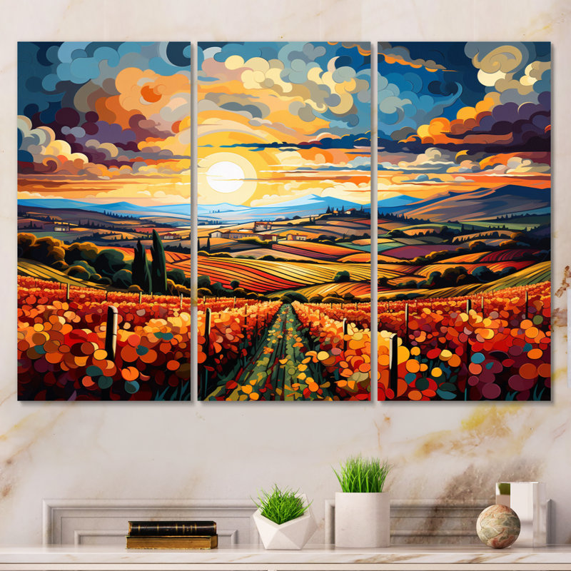 «French Vineyard Symphony I» sur toile, reproduction de 3 pièces, H 28 po x l 36 po x P 1 po