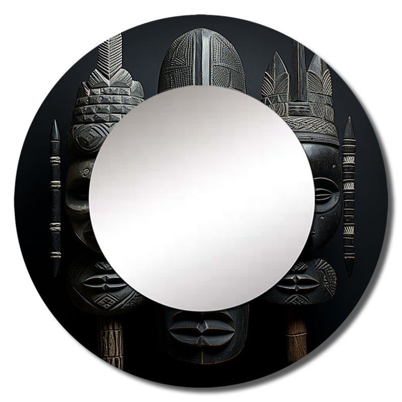Masque africain - miroir mural africain, miroir décoratif rond gris, impression d'art en métal, 29 po x 29 po