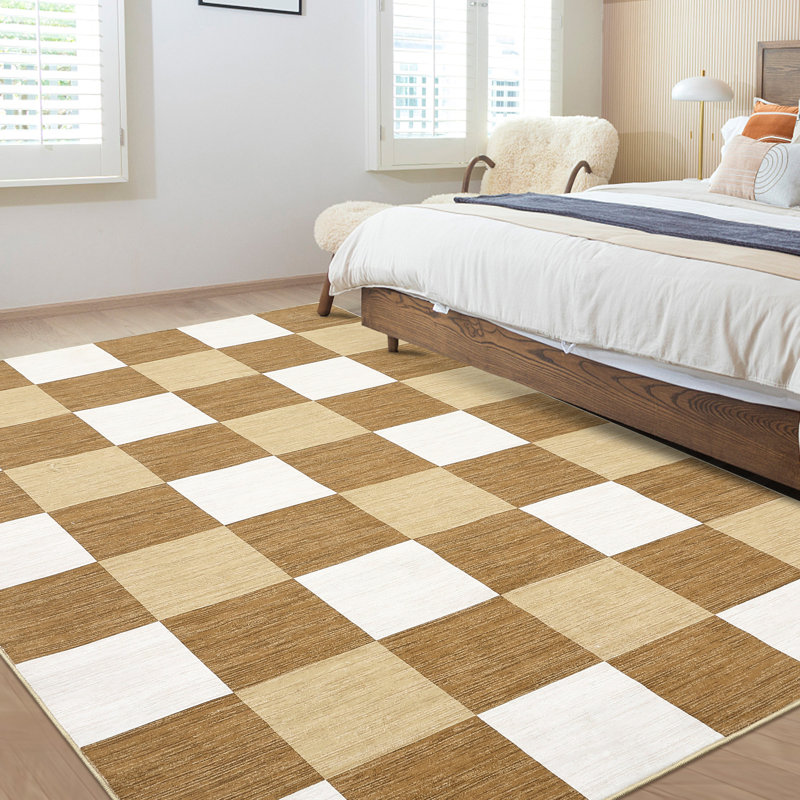Modern Area Rugs 5x7 Non-Slip Plaid Print Accent Carpet, Stain-Resistant Low Pile Floor Cover, Washable Contemporary Indoor Mat, Easy Cleaning, for Bedroom, Living Room, Office, Camel