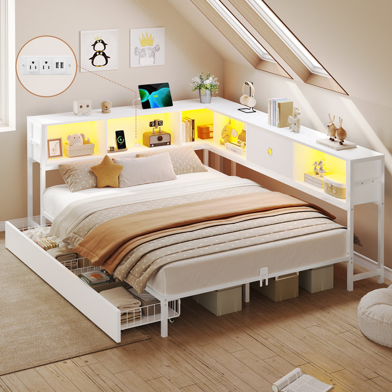 Twin Corner Bed Frame With Bookcase Storage Headboard & LED Lights, Charging Station, Metal Daybed With 2 Drawers & Open Cubbies, Twin Beds For Bedrooms, Living Room