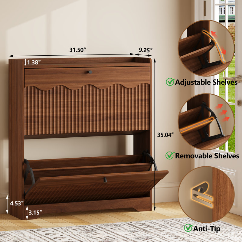 Armoire de rangement cannelée l 31,5 po avec 2 tiroirs rabattables, conception autoportante étroite, Brown