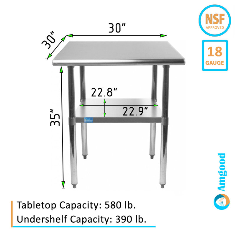 AmGood 30" x 30" Stainless Steel Utility Work Table with Galvanized Shelf