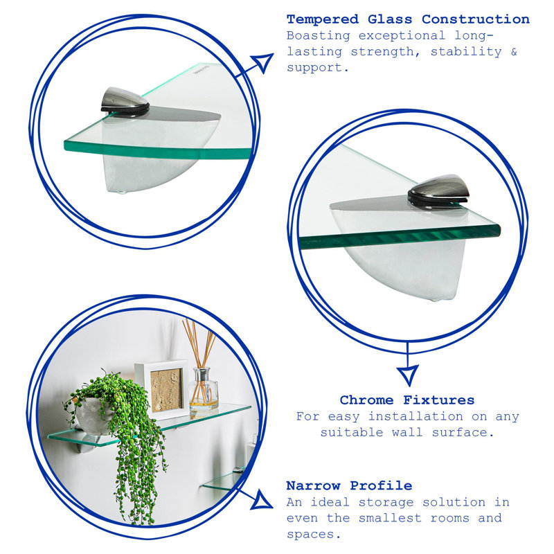 Harbour Housewares - Floating Glass Corner Shelf with Silver Brackets, 0.50cm H x 30cm W x 30cm D