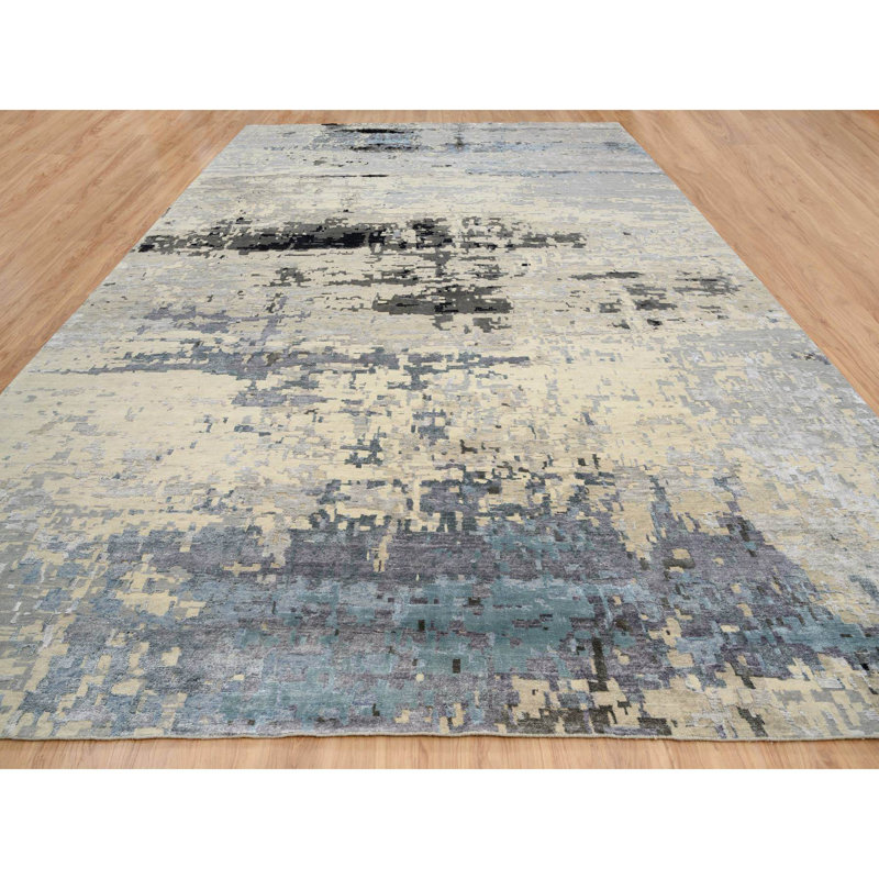 Tapis oriental moderne surdimensionné de 12 pi x 17 pi 9 po gris, laine et soie B0777B83C16D474BBE63E371F74B6B15