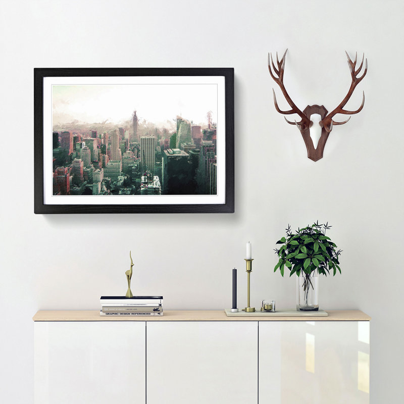 Manhattan Skyline in New York in Abstract - Picture Frame Painting Print, Black Framed, 27cm H x 36cm W x 2cm D