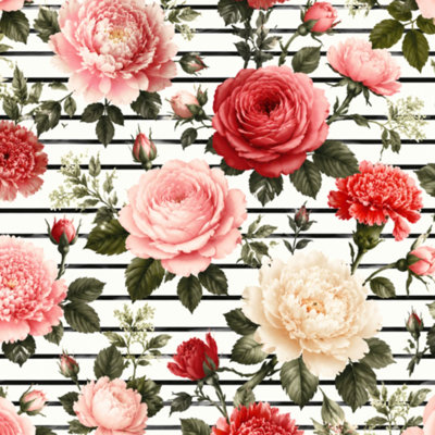 Papier peint auto-adhésif amovible à motif de fleurs de pivoines à rayures blanches et blanches avec motif de peler et coller