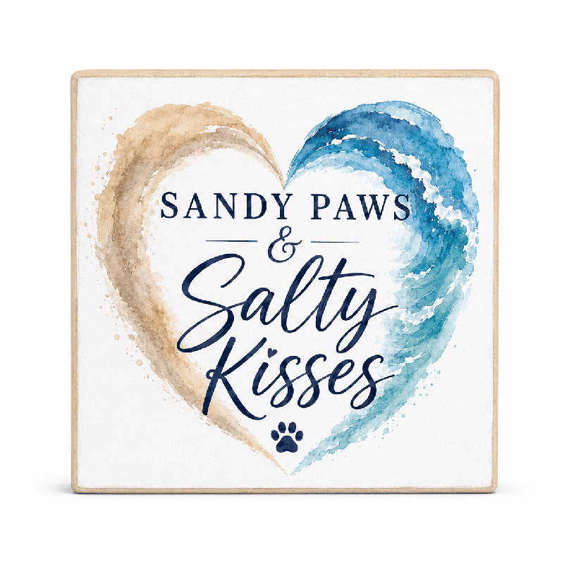 Panneau en bois « Pattes de sable et baisers salés » - Décoration pour chiens sur le thème côtier