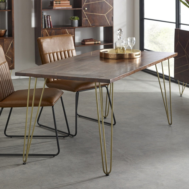 Kupar Metal Base Dining Table, Dark Wood Tone