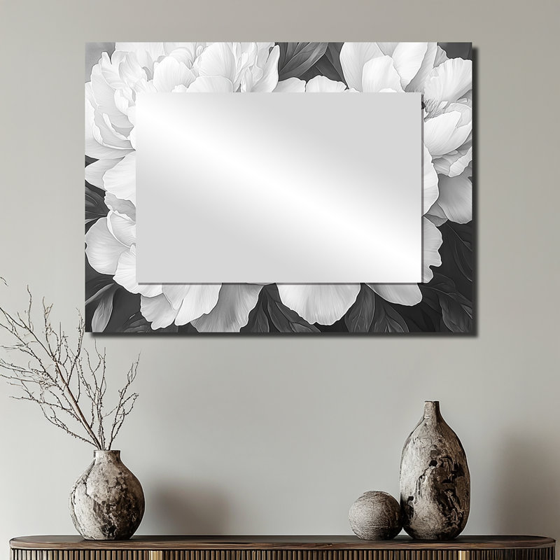 Peonies In Classic Grey II - Floral Accent Wall Mirror - Printed On Metal, 24" x 32"