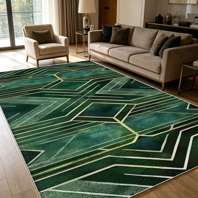 1PC Emerald Green Gold Geometric Art Deco area rugs for Living Room, Soft and Comfortable, Suitable for all seasons, easy-to-maintain, machine washable Indoor floor mat, Under Table Farmhouse suitable for dining room, bedroom, entryway, kitchen,