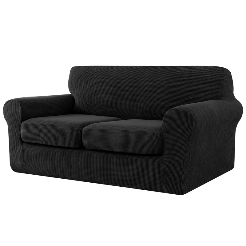 Textured Grid Soft Stretch Separate Box Cushion Sofa Slipcover, Black, 104cm H x 178cm W x 107cm D