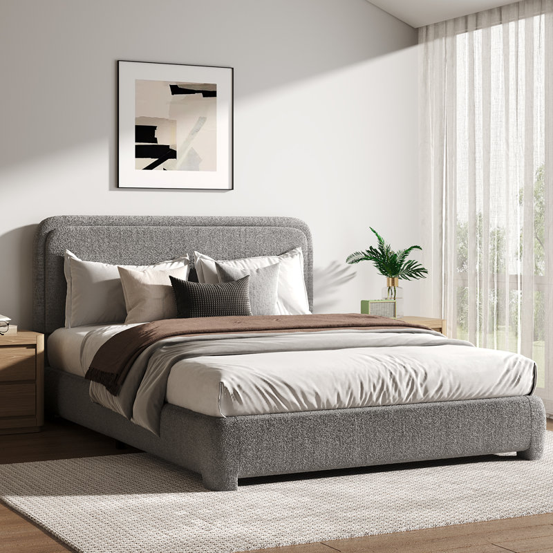 Lit plateforme tapissier Bensu Boucle, Lit double, Gris clair