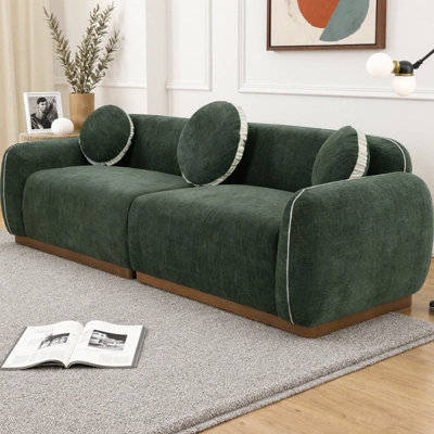 90.94" Modern 3-Seater Sofa, Upholstered Curved Couch with 3 Round Accent Pillows, Sleek Profile Sofa for Living Room, Home Theater, Den, Guest Room and Compact Spaces