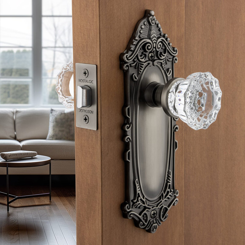 Victorian Plate with Crystal Door Knob, Antique Pewter, 2-3/8"